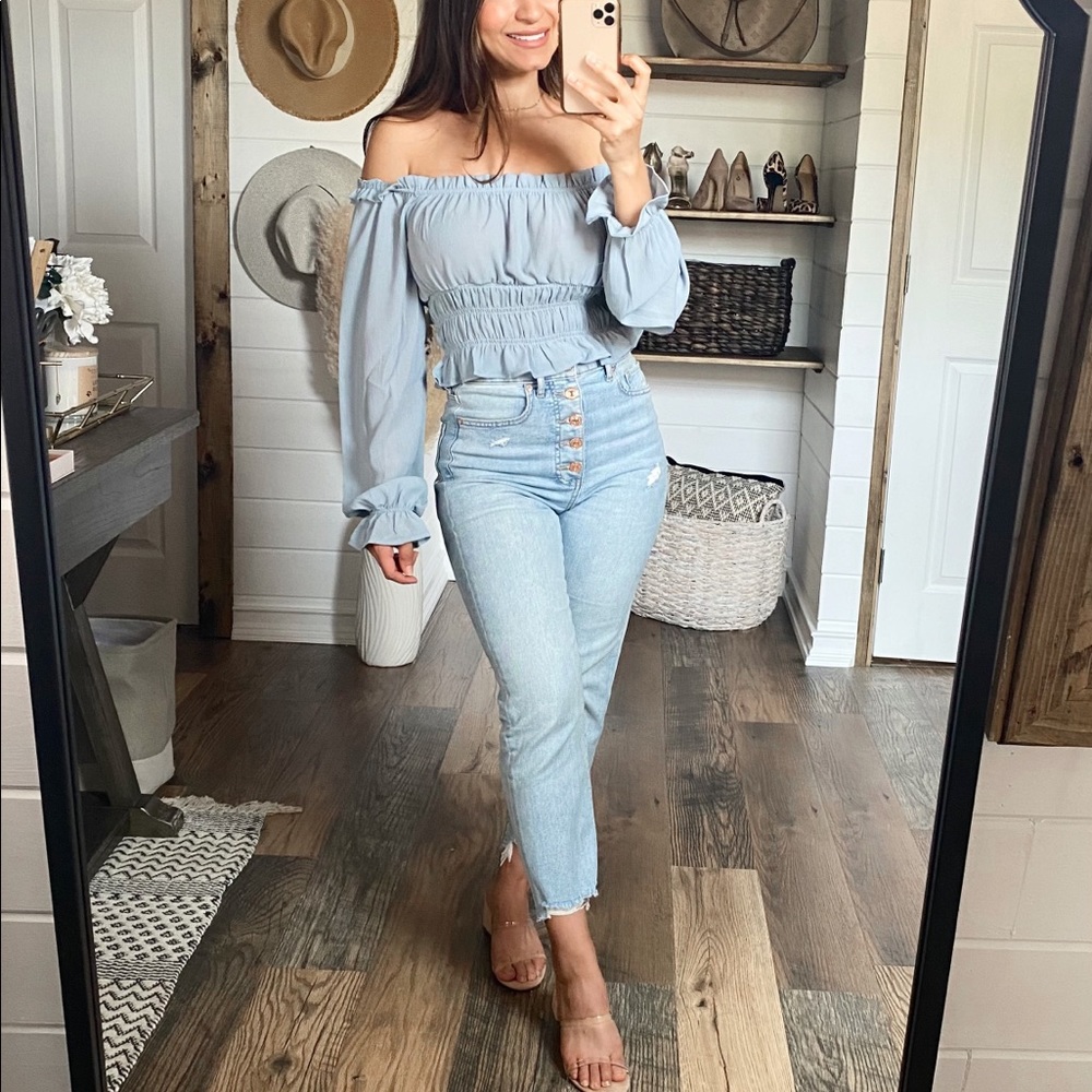 Light Blue Smocked off the shoulder crop top - Picture 2 of 4